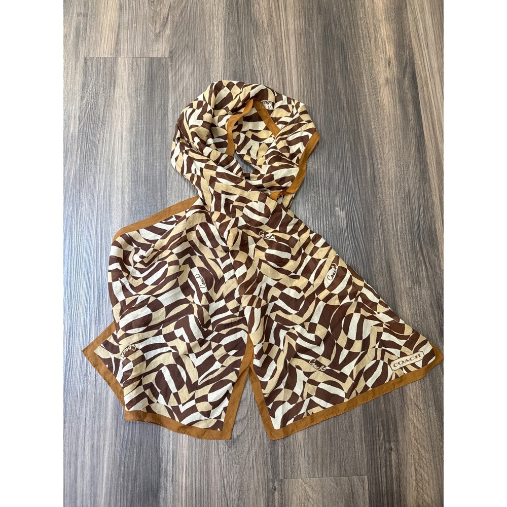 Coach Scarf Womens 56" Brown Tan Geometric Abstract Silk Rectangular Wrap